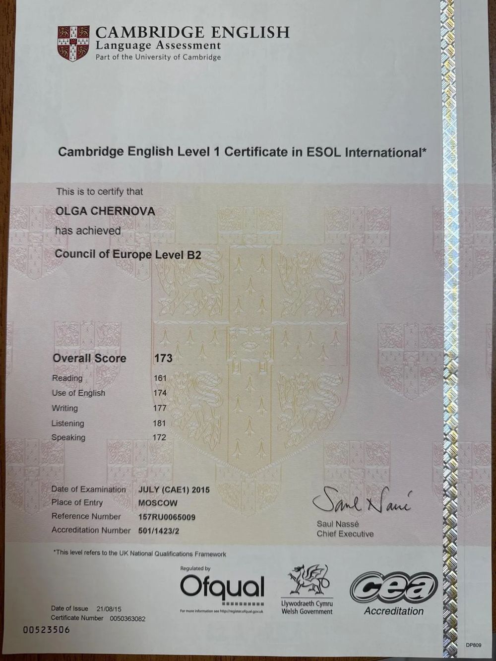 Сертификат Cambridge English, 2015
