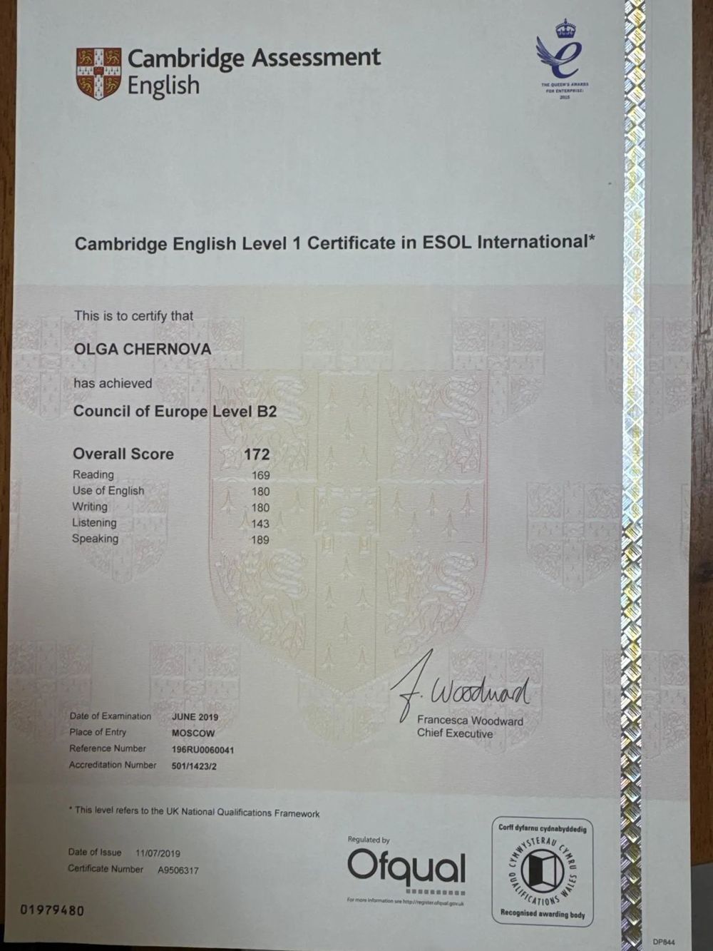 Сертификат Cambridge Assessment English, 2019